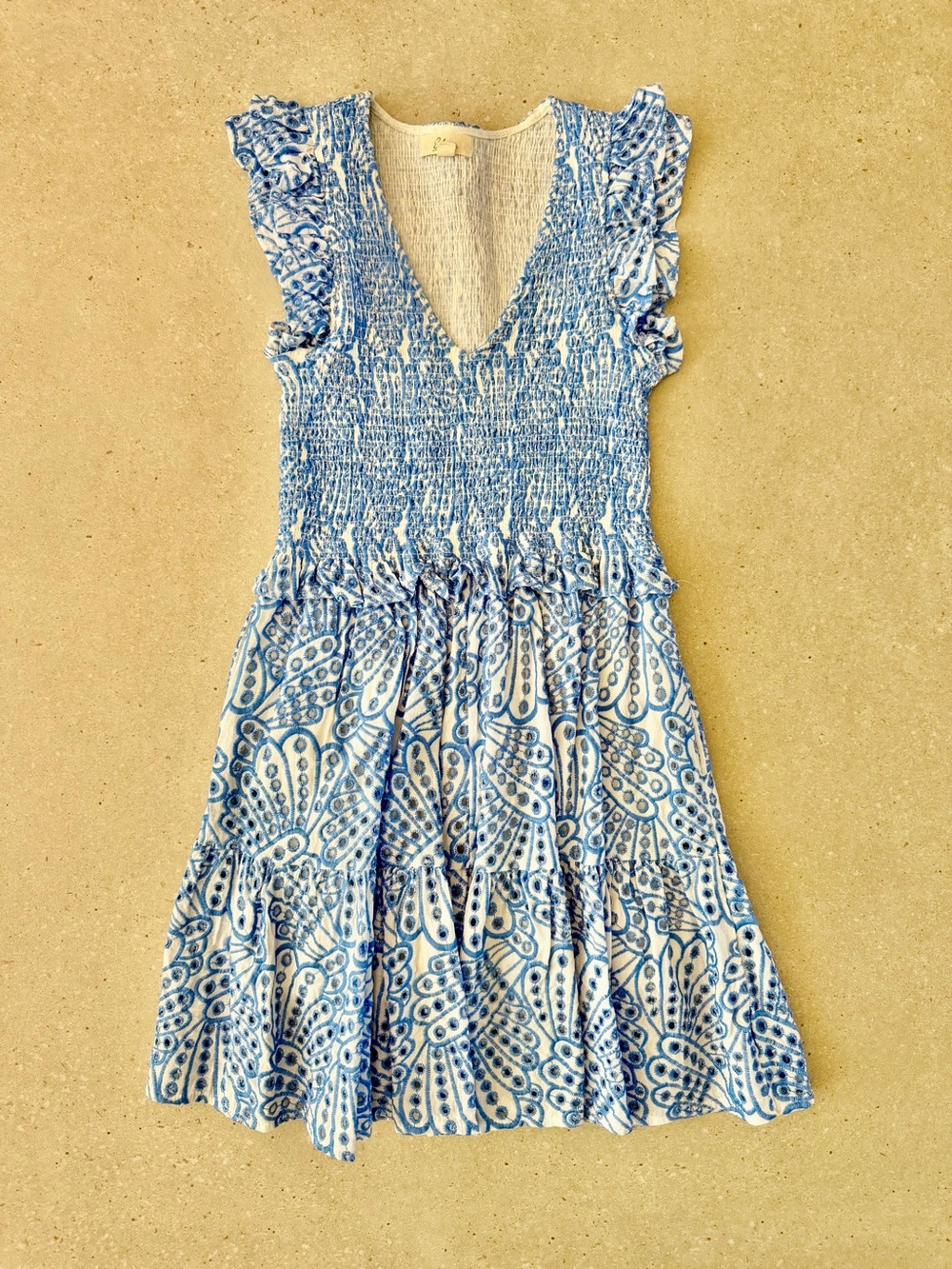 Elan Blue & White Smocked V-Neck Embroidered Ruffle Sleeve Mini Dress